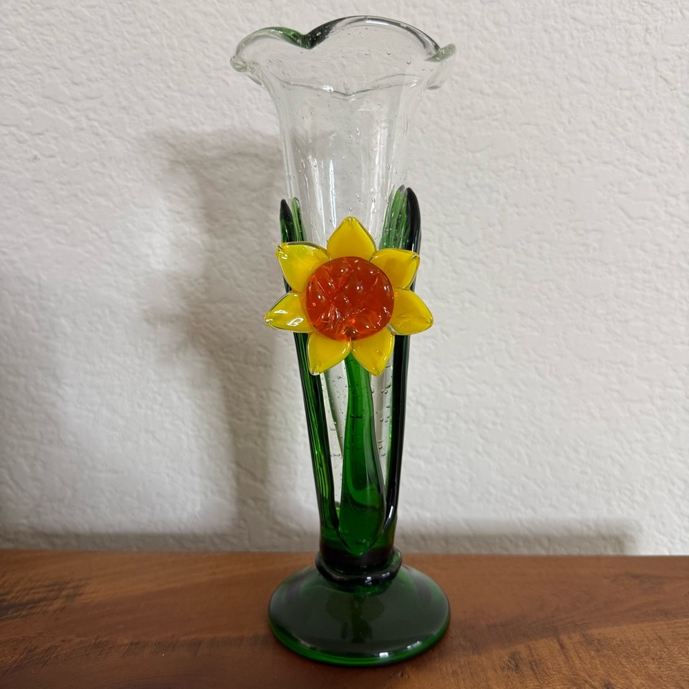 Vintage Celebration Hand Blown Art Glass Vase With Sunflower B3B